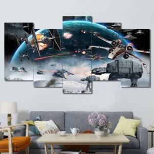 Galactic Battle Panorama Wall Art – Starfighters and AT-AT War Scene
