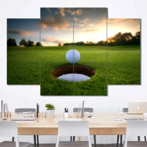 Golf Ball at Hole Canvas Wall Art featuring golf ball at hole in a flat design composition 4 Panels Diamond Layout