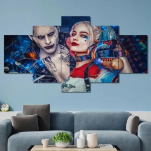 Harley Quinn and Joker wall art featuring colorful neon-inspired comic styling 5 Panels Diamond Layout