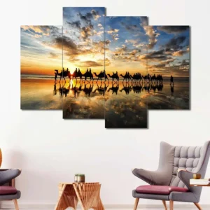 Horses on the Beach Canvas Wall Art featuring horses on the beach in a dynamic pose composition 4 Panels Uneven Layout