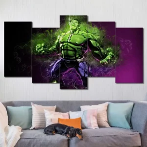 Hulk canvas wall art featuring glowing gamma energy and comic-inspired effects 5 Panels Uneven Layout