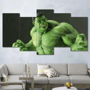 Hulk portrait wall art featuring heroic expression and cinematic lighting 5 Panels Uneven Layout