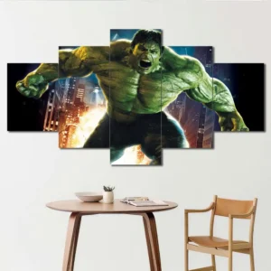 Hulk canvas wall art featuring nighttime city action and superhero power 5 Panels Diamond Layout