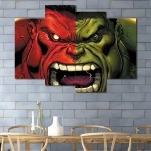 Hulk and Red Hulk wall art featuring split-face rivalry artwork 4 Panels Uneven Layout
