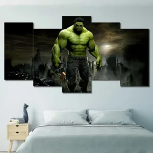 Hulk canvas wall art featuring a destroyed city and powerful superhero stance 5 Panels Uneven Layout