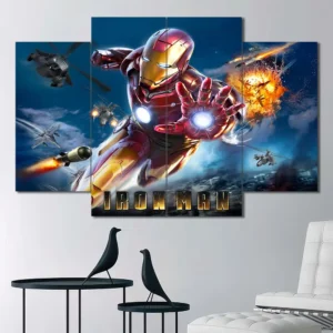 Iron Man canvas wall art featuring aerial combat and explosive action scene 4 Panels Diamond Layout
