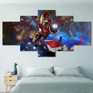 Iron Man canvas wall art featuring patriotic colors and heroic flight scene 5 Panels Diamond Layout