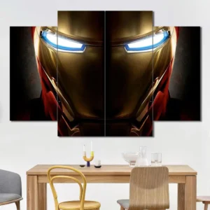 Iron Man portrait wall art featuring glowing arc reactor eyes and detailed armor closeup 4 Panels Diamond Layout