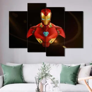 Iron Man armor wall art featuring detailed helmet and chest reactor design 4 Panels Uneven Layout