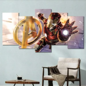 Iron Man wall art featuring Avengers logo and heroic flight pose 5 Panels Uneven Layout