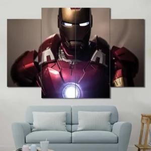 Iron Man portrait wall art featuring glowing arc reactor and detailed armor design 4 Panels Diamond Layout