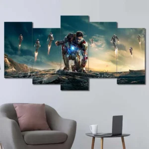 Iron Man wall art featuring Endgame battlefield scene with Avengers support 5 Panels Uneven Layout