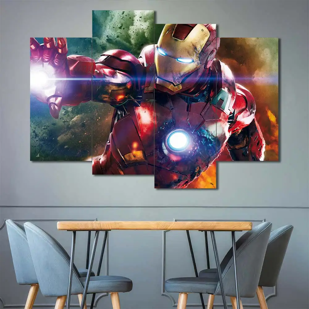 Iron Man wall art featuring high-speed flight and glowing arc reactor 4 Panels Uneven Layout