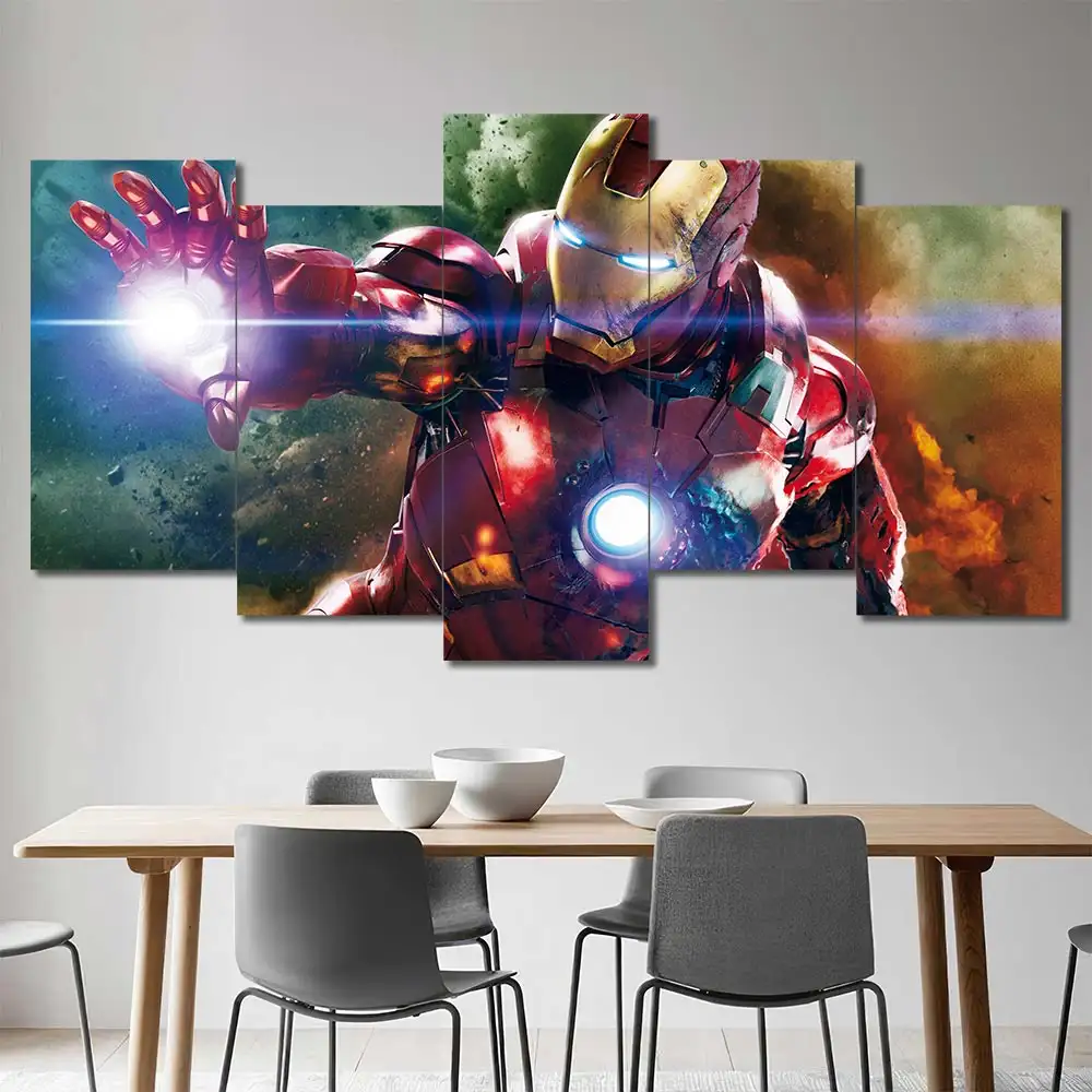 Iron Man wall art featuring high-speed flight and glowing arc reactor 5 Panels Uneven Layout