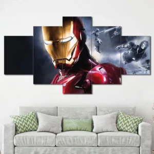 Iron Man portrait wall art featuring detailed armor close-up and Avengers background 5 Panels Diamond Layout