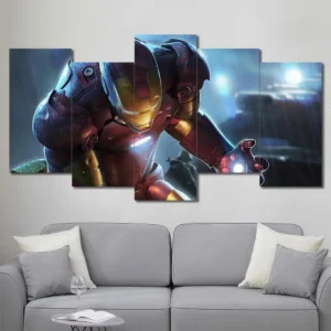 Iron Man canvas wall art featuring superhero landing pose and dramatic lighting 5 Panels Uneven Layout
