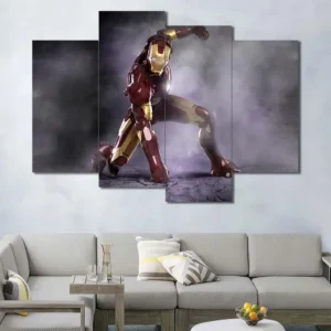 Iron Man wall art featuring triumphant battle pose and cinematic smoke effects 4 Panels Uneven Layout