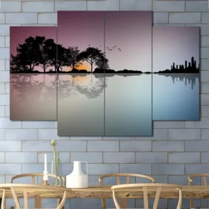 Island Trees and Skyline Canvas Wall Art featuring island trees and skyline in a flat design composition 4 Panels Diamond Layout