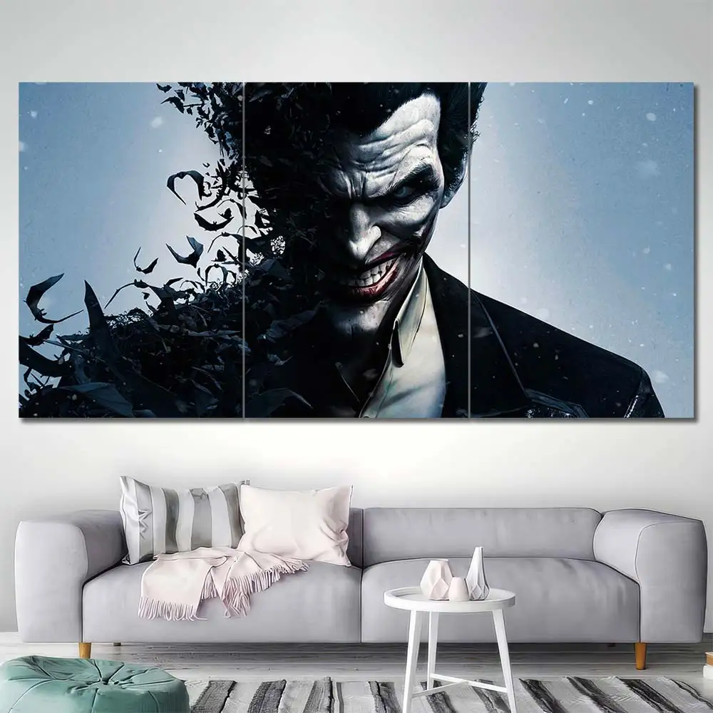 Joker portrait wall art featuring dark cinematic styling and dramatic expression 3 Panels Regular Layout