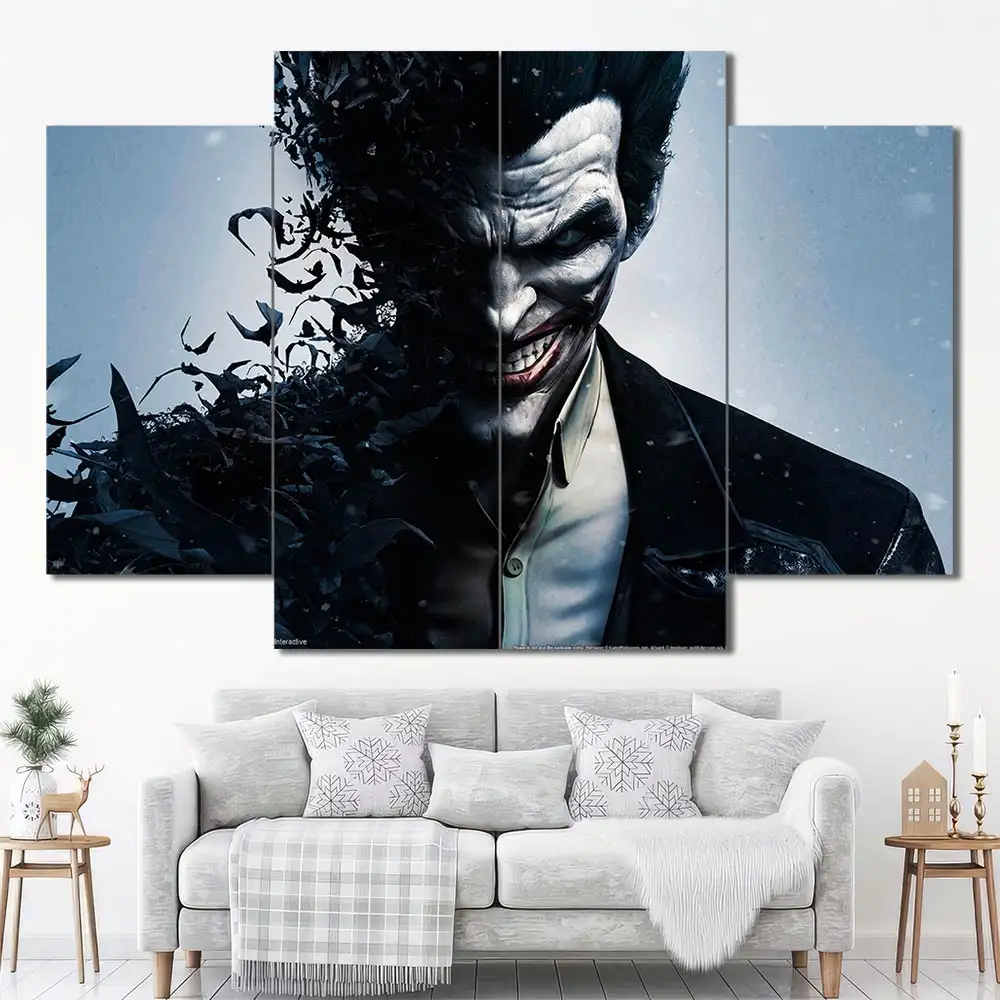 Joker portrait wall art featuring dark cinematic styling and dramatic expression 4 Panels Diamond Layout