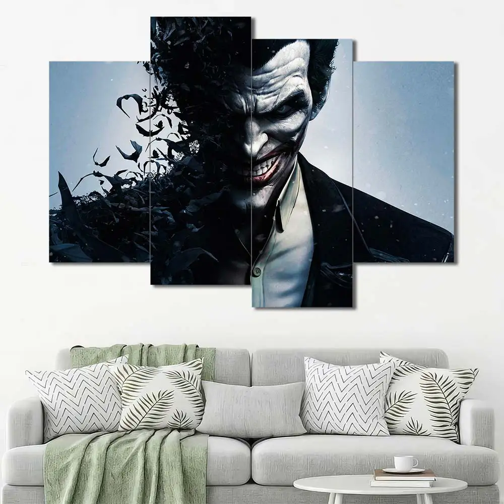 Joker portrait wall art featuring dark cinematic styling and dramatic expression 4 Panels Uneven Layout