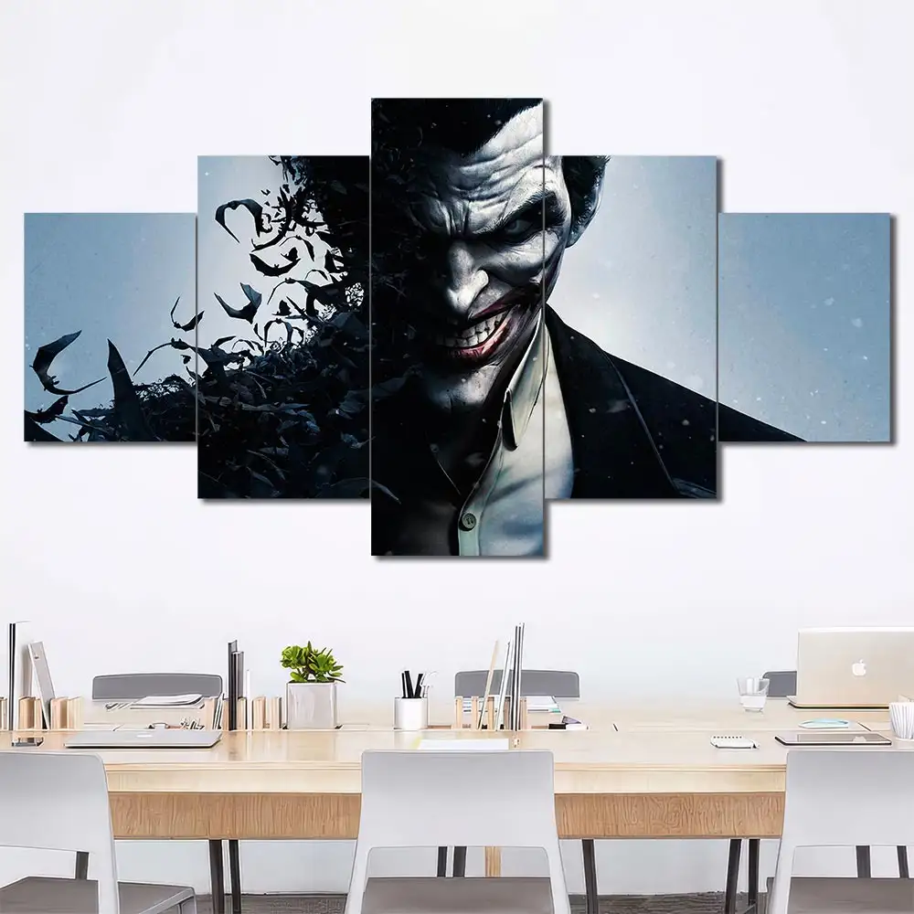 Joker portrait wall art featuring dark cinematic styling and dramatic expression 5 Panels Diamond Layout