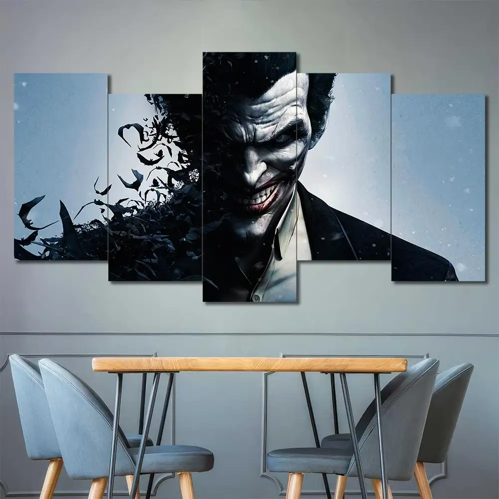 Joker portrait wall art featuring dark cinematic styling and dramatic expression 5 Panels Uneven Layout