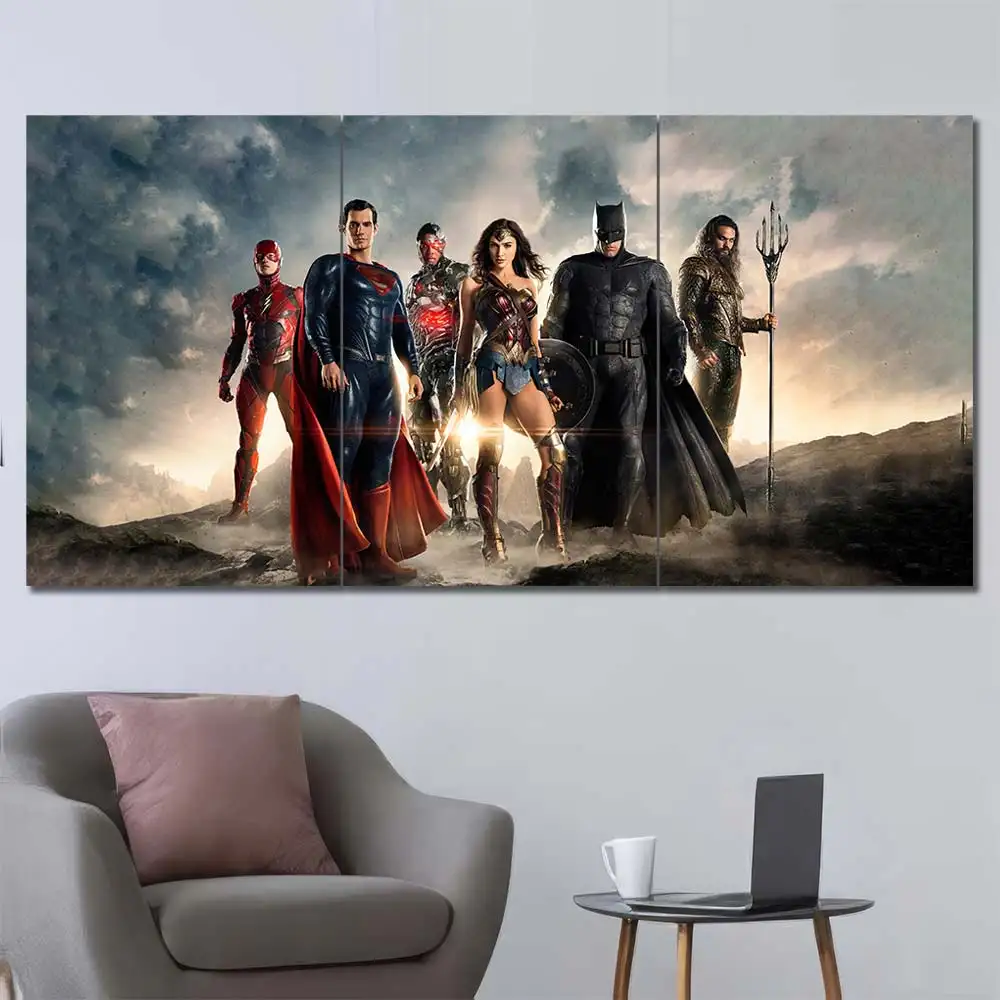 Justice League cinematic wall art featuring Superman Batman Wonder Woman and Aquaman 3 Panels Regular Layout