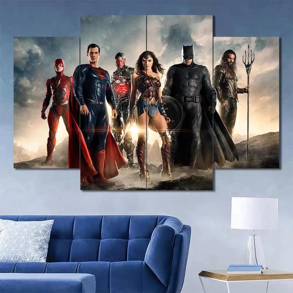 Justice League cinematic wall art featuring Superman Batman Wonder Woman and Aquaman 4 Panels Diamond Layout
