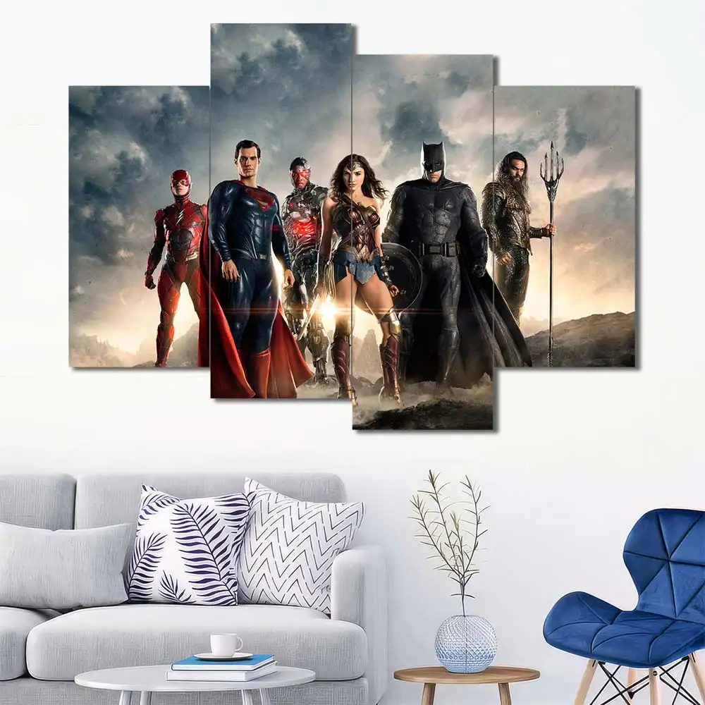 Justice League cinematic wall art featuring Superman Batman Wonder Woman and Aquaman 4 Panels Uneven Layout