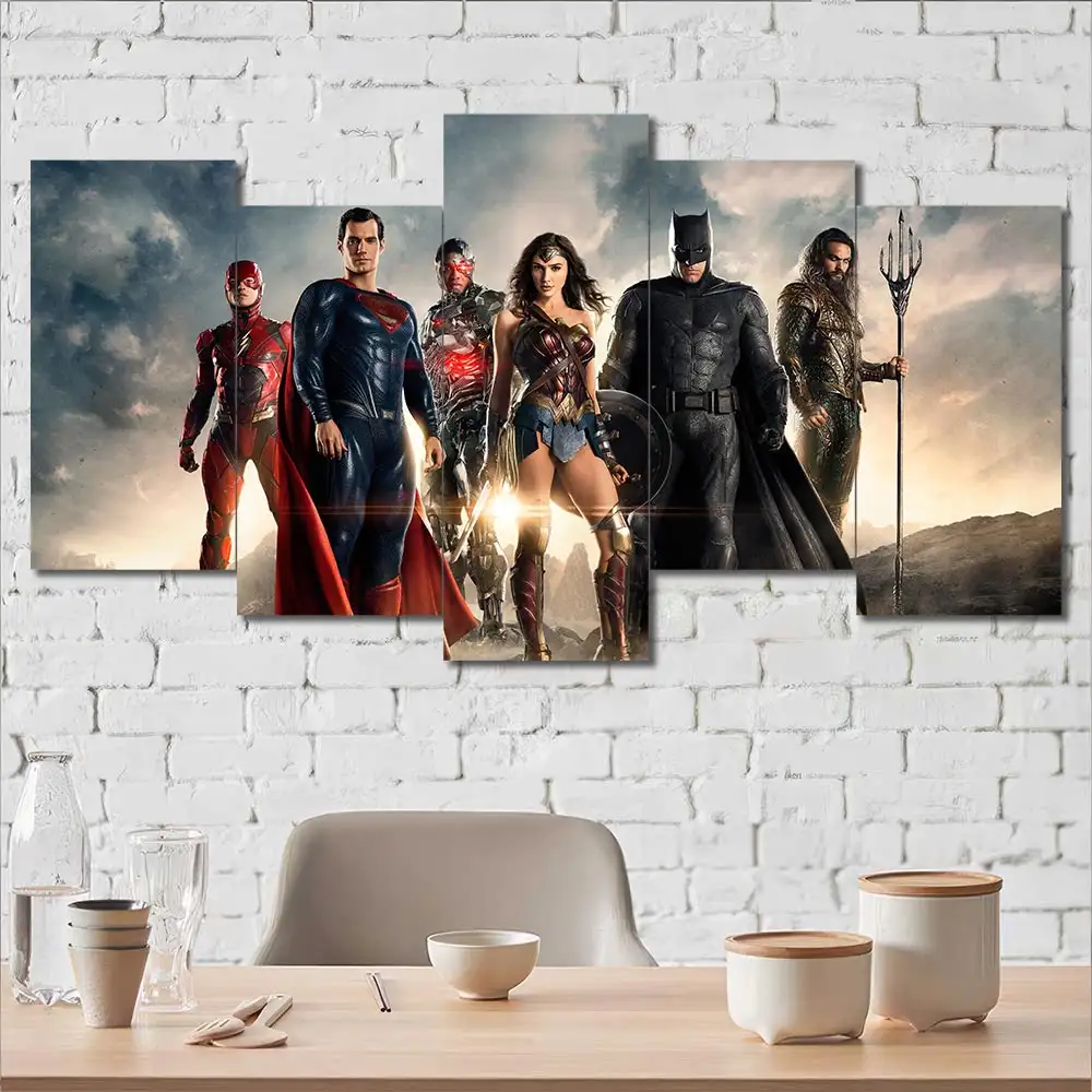 Justice League cinematic wall art featuring Superman Batman Wonder Woman and Aquaman 5 Panels Uneven Layout