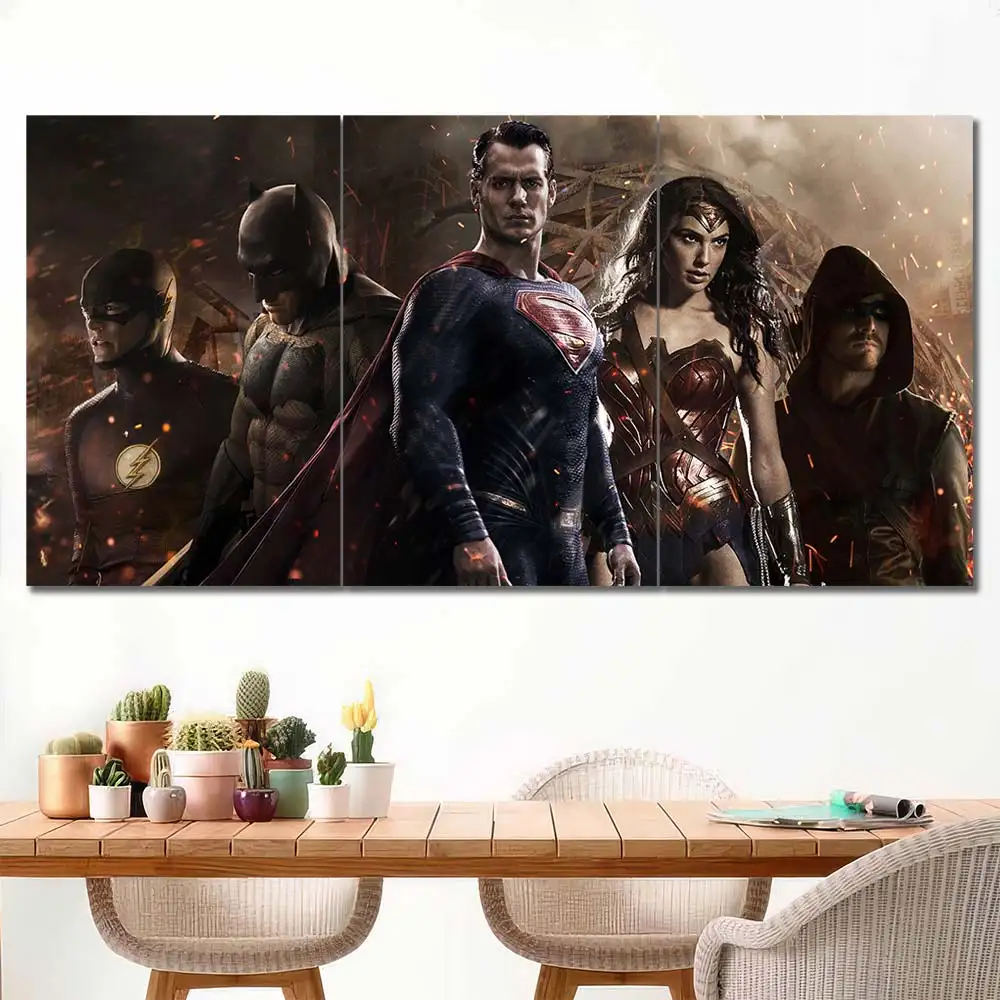Justice League superhero wall art featuring Batman Superman Wonder Woman and Aquaman 3 Panels Regular Layout