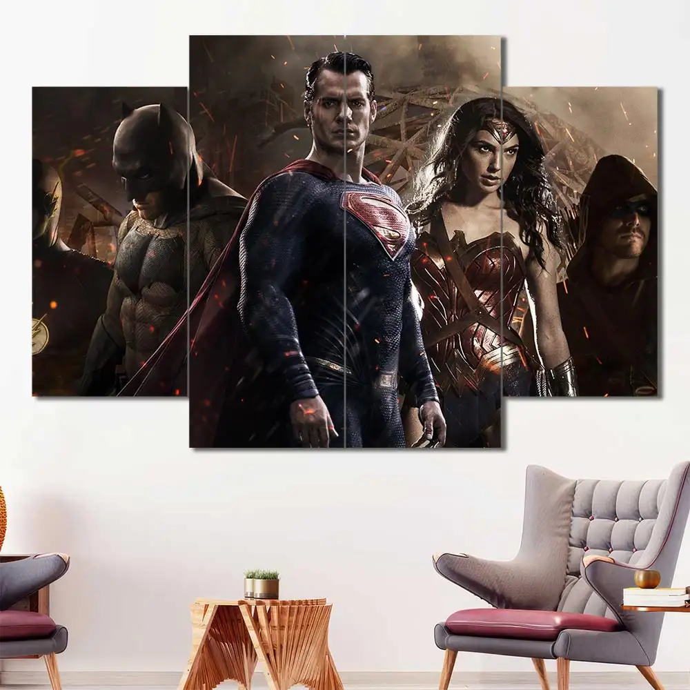 Justice League superhero wall art featuring Batman Superman Wonder Woman and Aquaman 4 Panels Diamond Layout