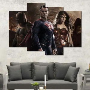 Justice League superhero wall art featuring Batman Superman Wonder Woman and Aquaman 4 Panels Uneven Layout