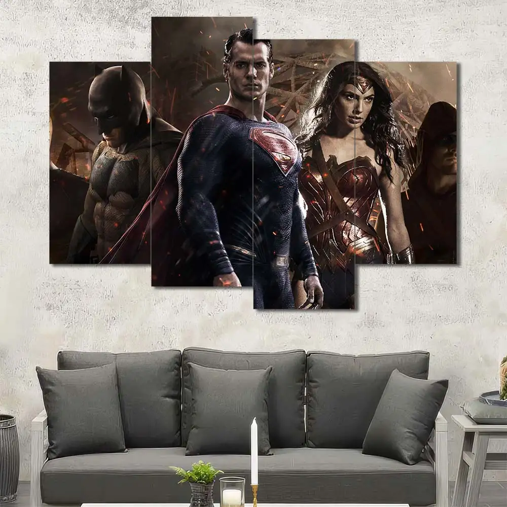 Justice League superhero wall art featuring Batman Superman Wonder Woman and Aquaman 4 Panels Uneven Layout