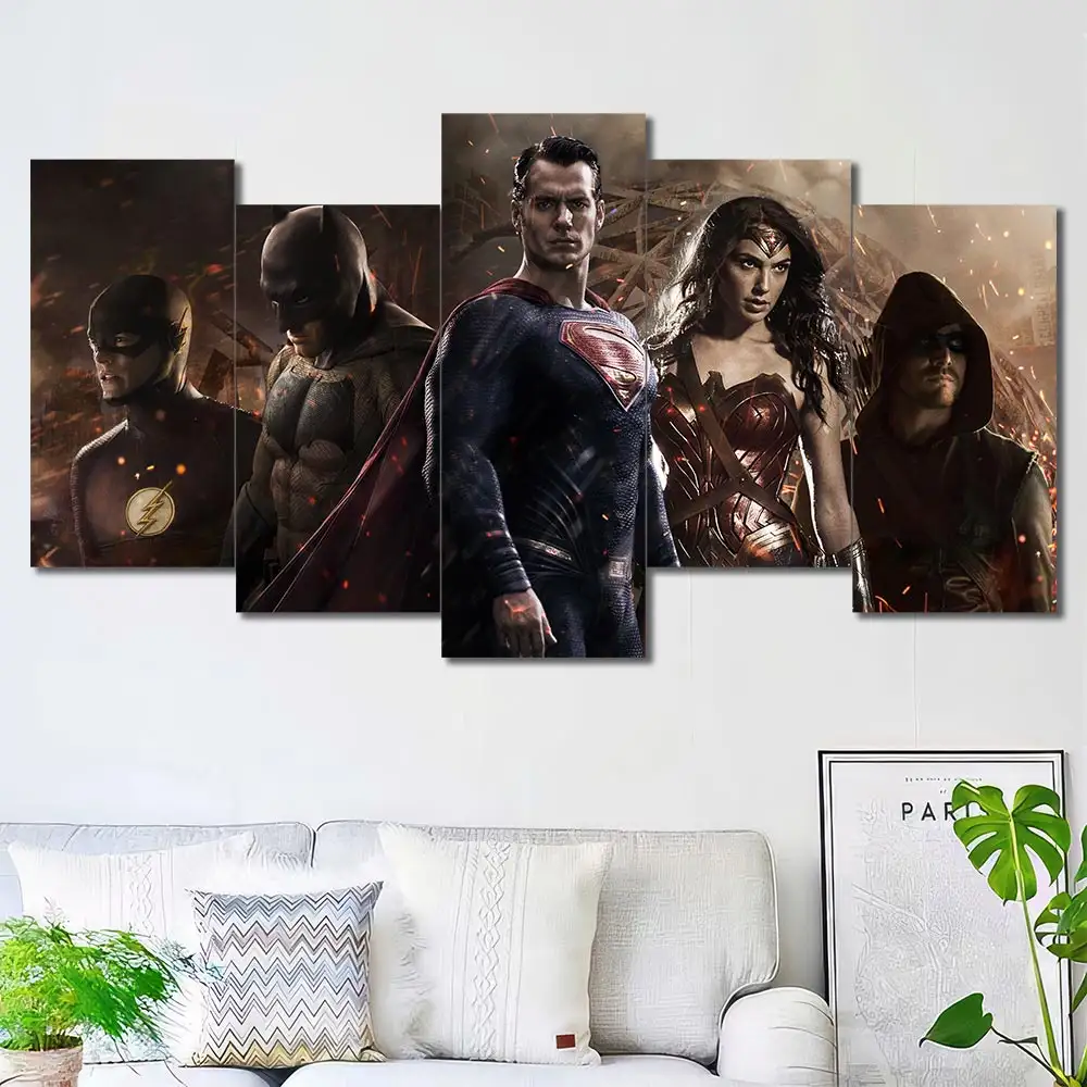 Justice League superhero wall art featuring Batman Superman Wonder Woman and Aquaman 5 Panels Uneven Layout