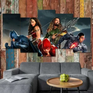 Justice League wall art featuring Wonder Woman Aquaman Batman and Flash 5 Panels Uneven Layout
