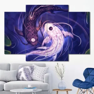 Koi Fish Canvas Wall Art featuring koi fish in a digital art composition 4 Panels Diamond Layout