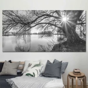 Lakeside Tree Canvas Wall Art featuring lakeside tree in a line art composition 3 Panels Regular Layout