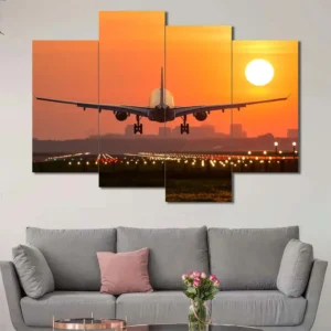 Landing Airplane Canvas Wall Art featuring landing airplane in a dynamic pose composition 4 Panels Uneven Layout