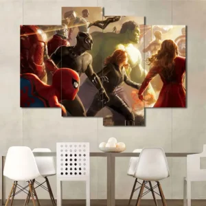 Marvel heroes canvas wall art featuring Spider-Man Captain America and fellow Avengers 4 Panels Uneven Layout