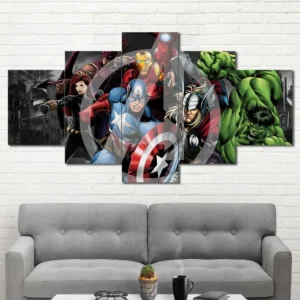 Comic book style Marvel heroes wall art featuring Hulk and Captain America 5 Panels Diamond Layout