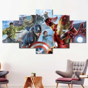 Marvel framed wall art featuring Iron Man and Captain America action scene 5 Panels Diamond Layout
