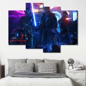Neon Lightsaber Duel Wall Art – Neon Cyberpunk Battle Scene