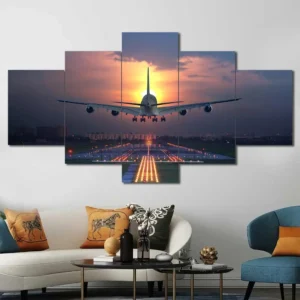 Passenger Airplane Canvas Wall Art featuring passenger airplane in a cityscape composition 5 Panels Diamond Layout
