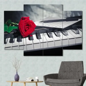 Piano and Red Rose Canvas Wall Art featuring piano and red rose in a flat design composition 4 Panels Diamond Layout