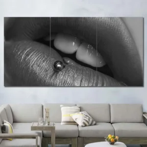 Pierced Lips Canvas Wall Art featuring pierced lips in a close-up composition 3 Panels Regular Layout