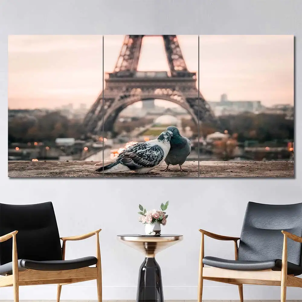 Pigeons at Eiffel Tower Canvas Wall Art featuring pigeons at eiffel tower in a cityscape composition 3 Panels Regular Layout
