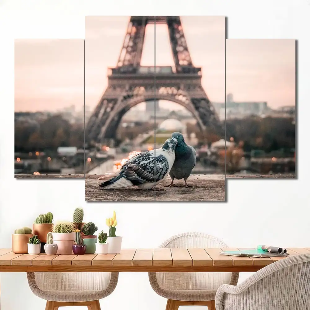 Pigeons at Eiffel Tower Canvas Wall Art featuring pigeons at eiffel tower in a cityscape composition 4 Panels Diamond Layout