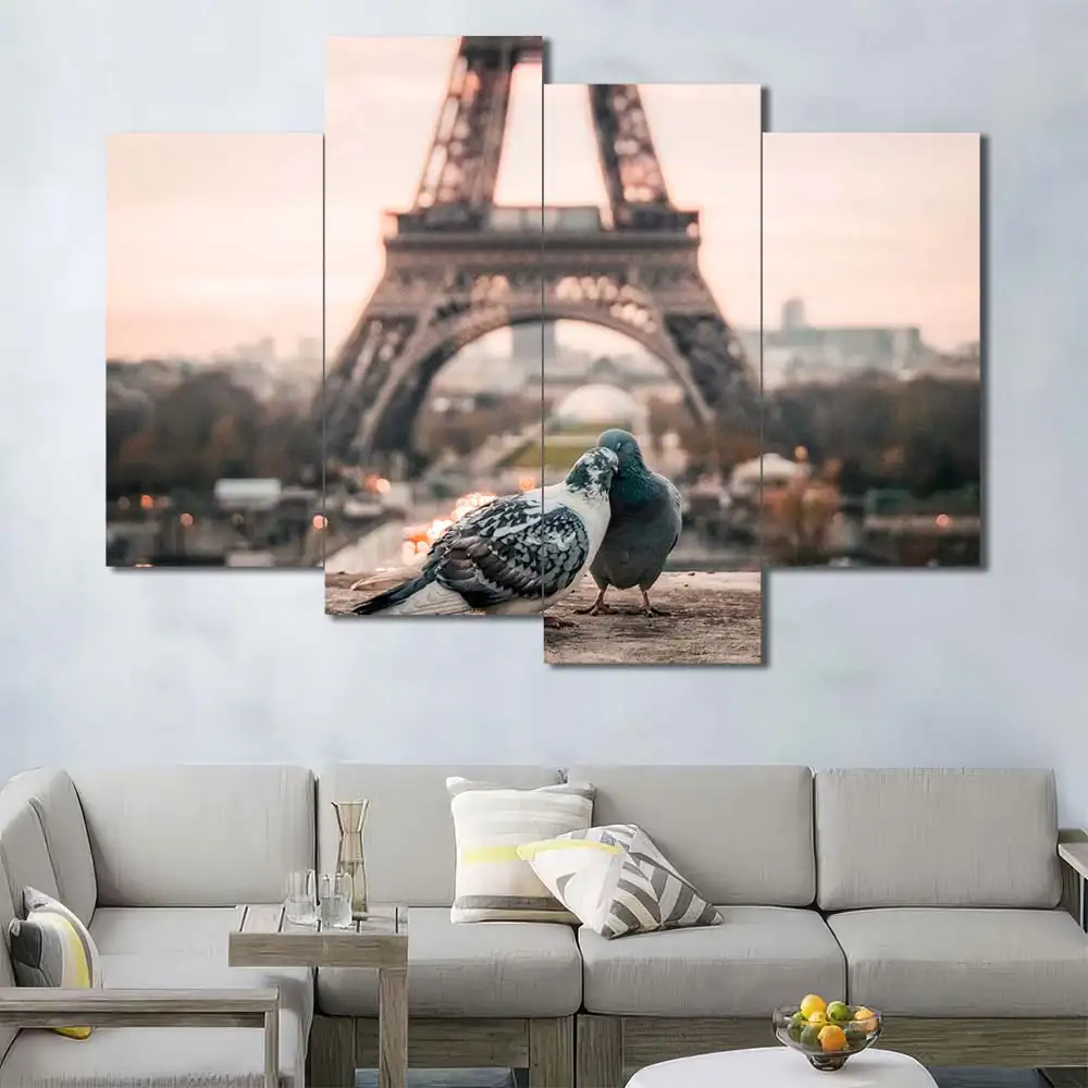 Pigeons at Eiffel Tower Canvas Wall Art featuring pigeons at eiffel tower in a cityscape composition 4 Panels Uneven Layout